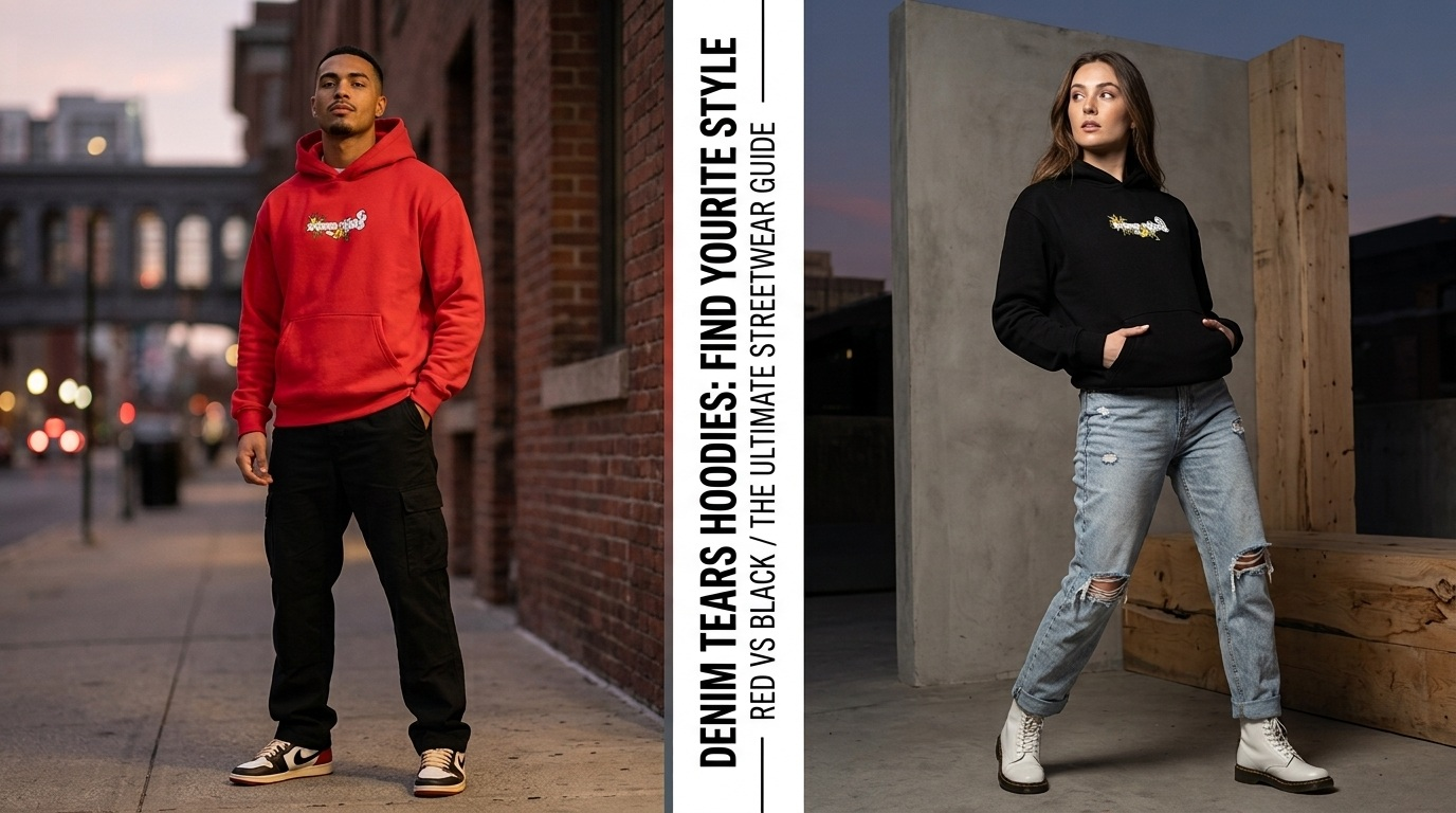 Denim Tears hoodies in red and black for urban streetwear style.