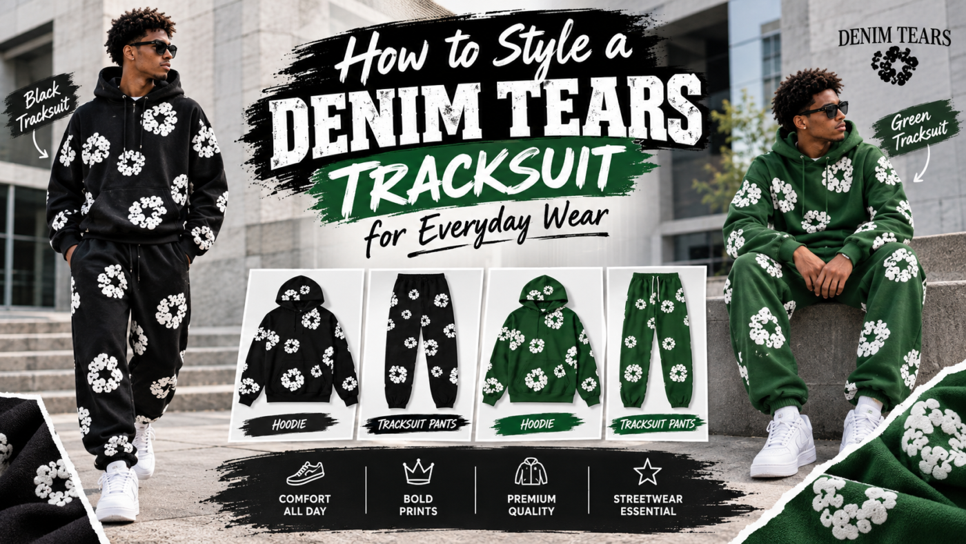 Black and green Denim Tears tracksuits featuring matching hoodies and jogger pants with distinctive white floral wreath prints, styled on models in an urban setting for everyday streetwear inspiration.